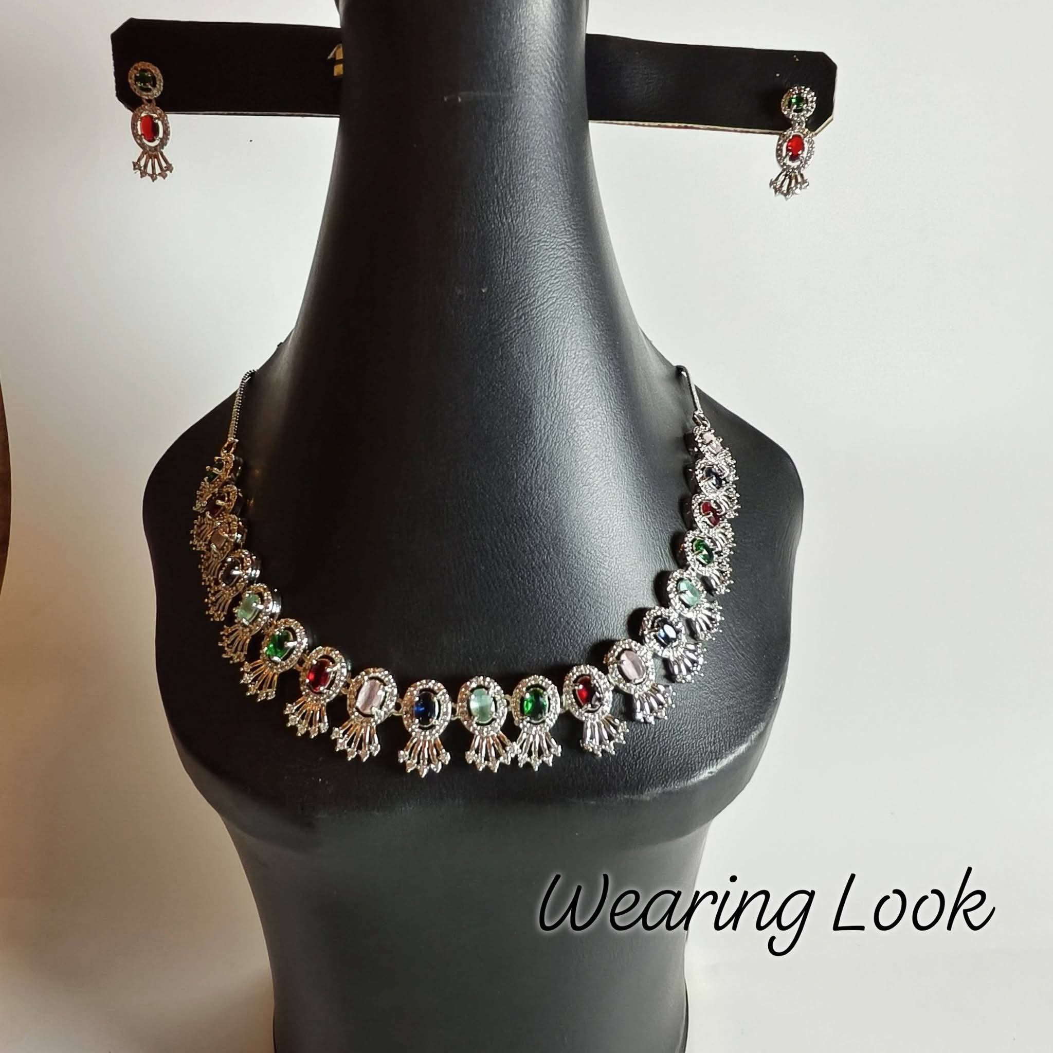 Elegant AD Zircon Silver Necklace Set – Luxury Sparkling Necklace with Matching Earrings for Party & Wedding Wear