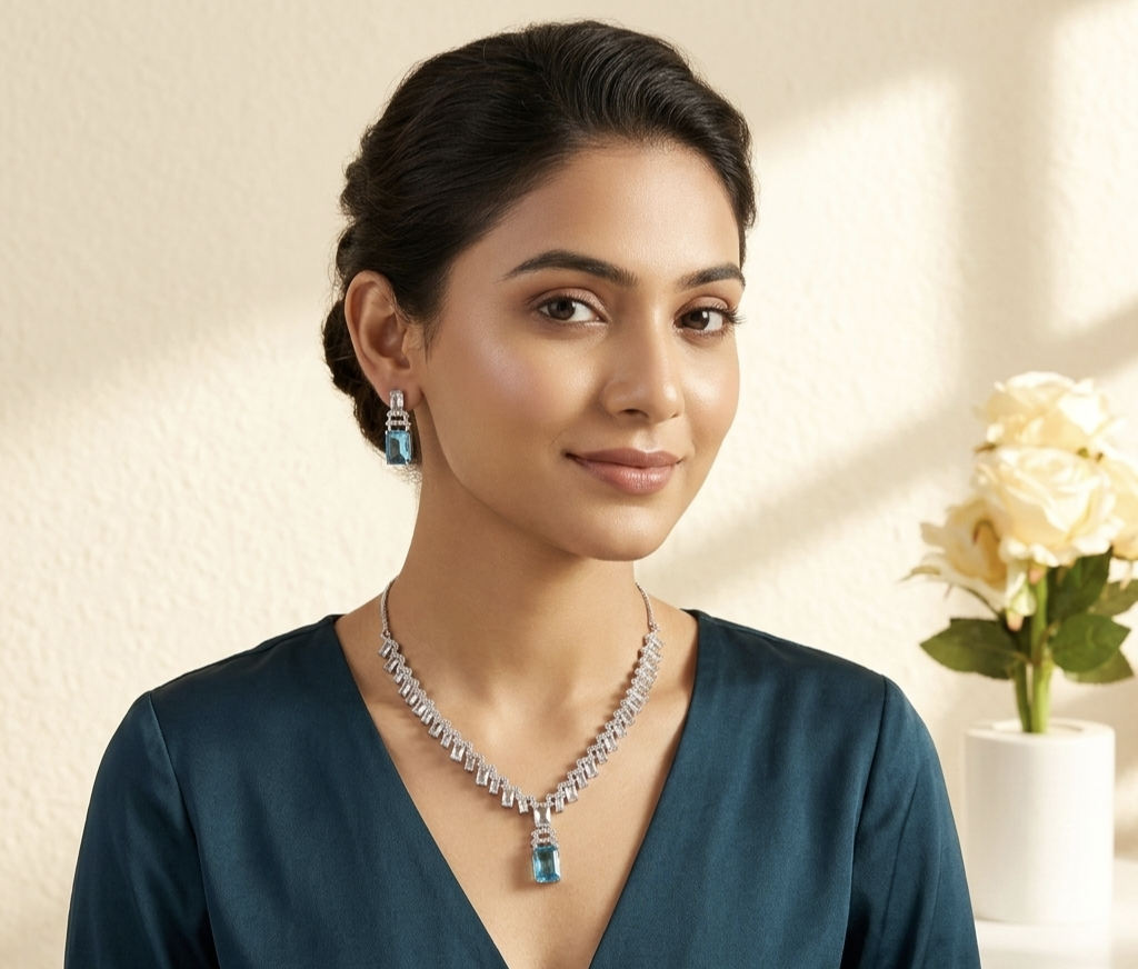 Delicate Luxury AD Zircon Necklace Set with Earrings – Elegant & Lightweight Party Wear Jewelry