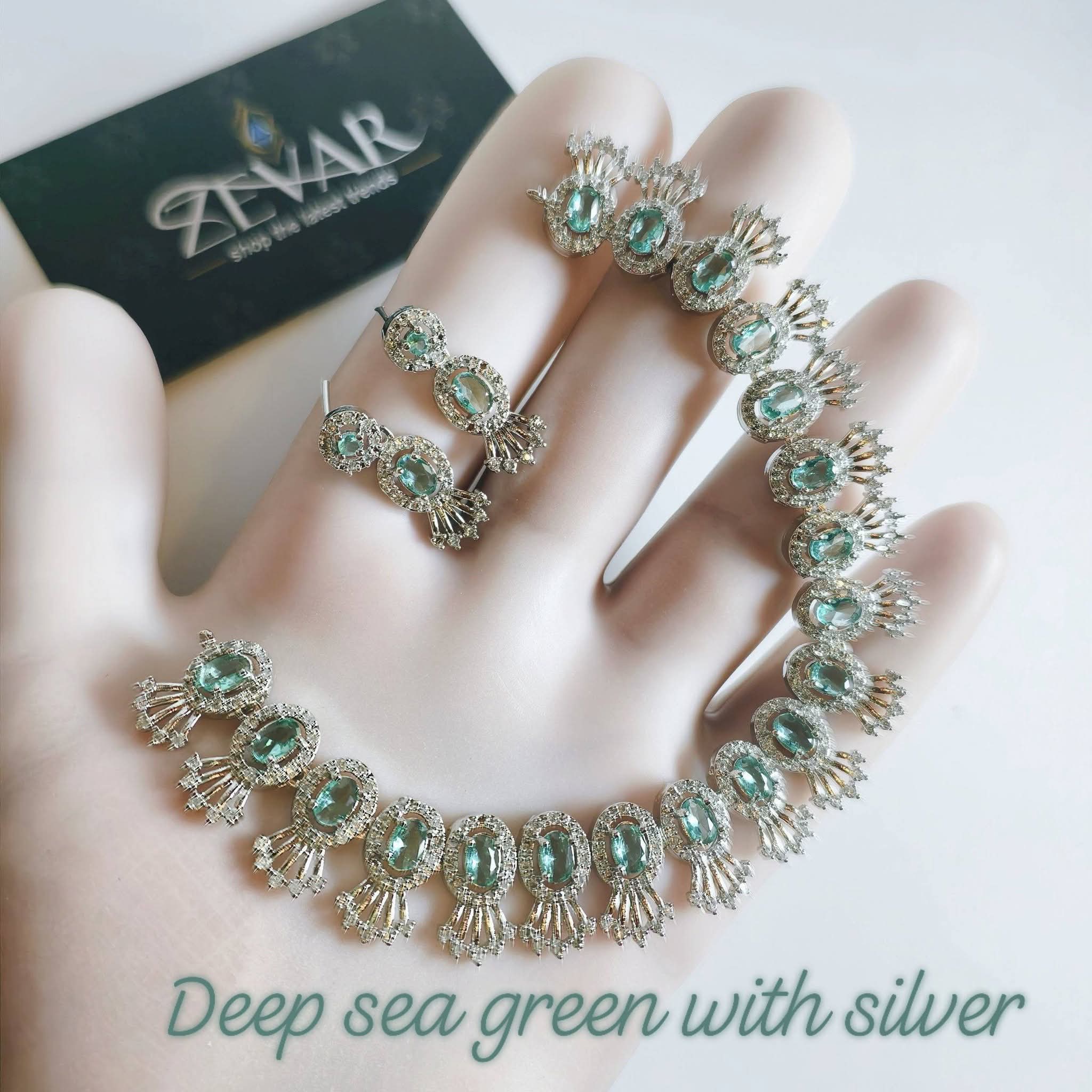 Elegant AD Zircon Silver Necklace Set – Luxury Sparkling Necklace with Matching Earrings for Party & Wedding Wear