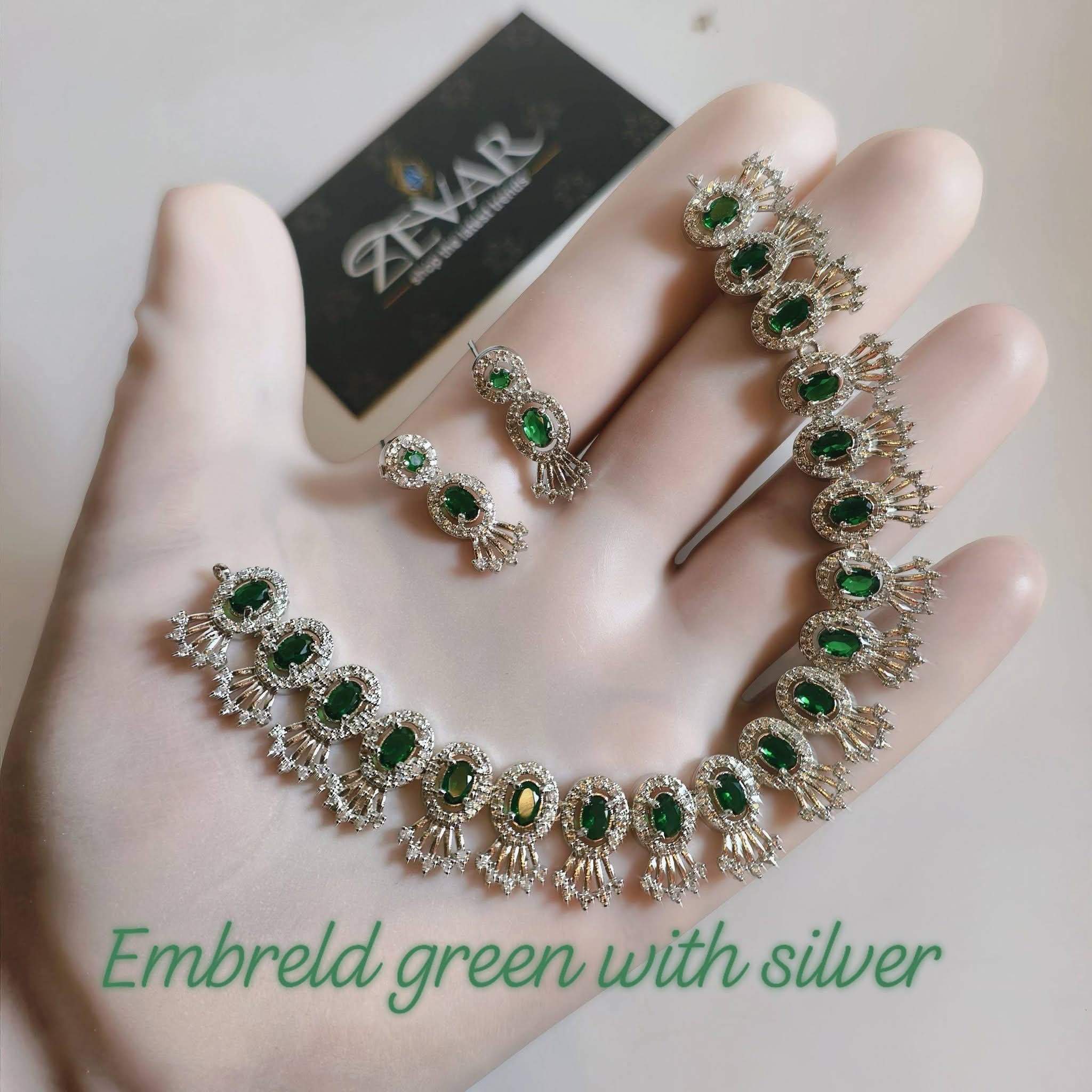 Elegant AD Zircon Silver Necklace Set – Luxury Sparkling Necklace with Matching Earrings for Party & Wedding Wear