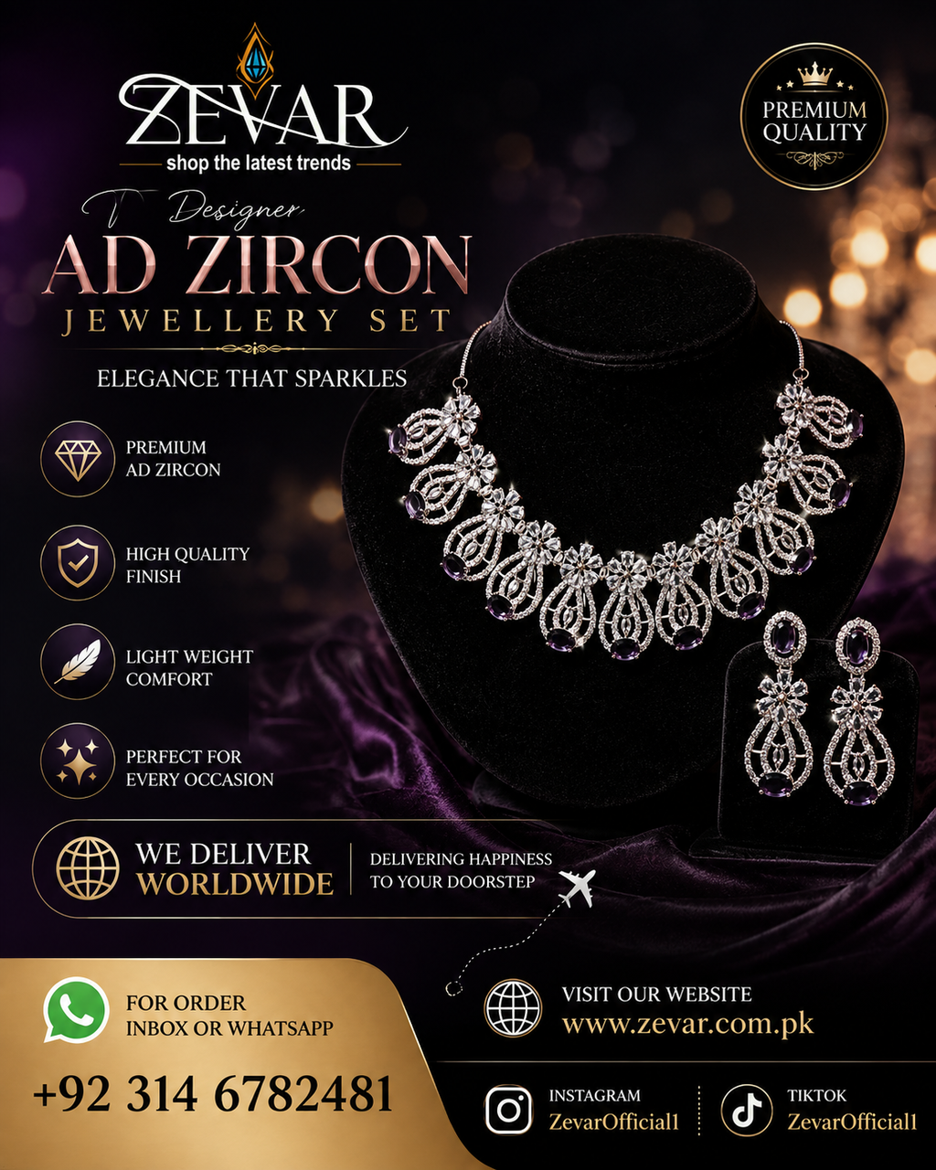 Luxury AD Zircon Necklace Set with Earrings – Elegant Party & Wedding Jewelry for Special Occasions