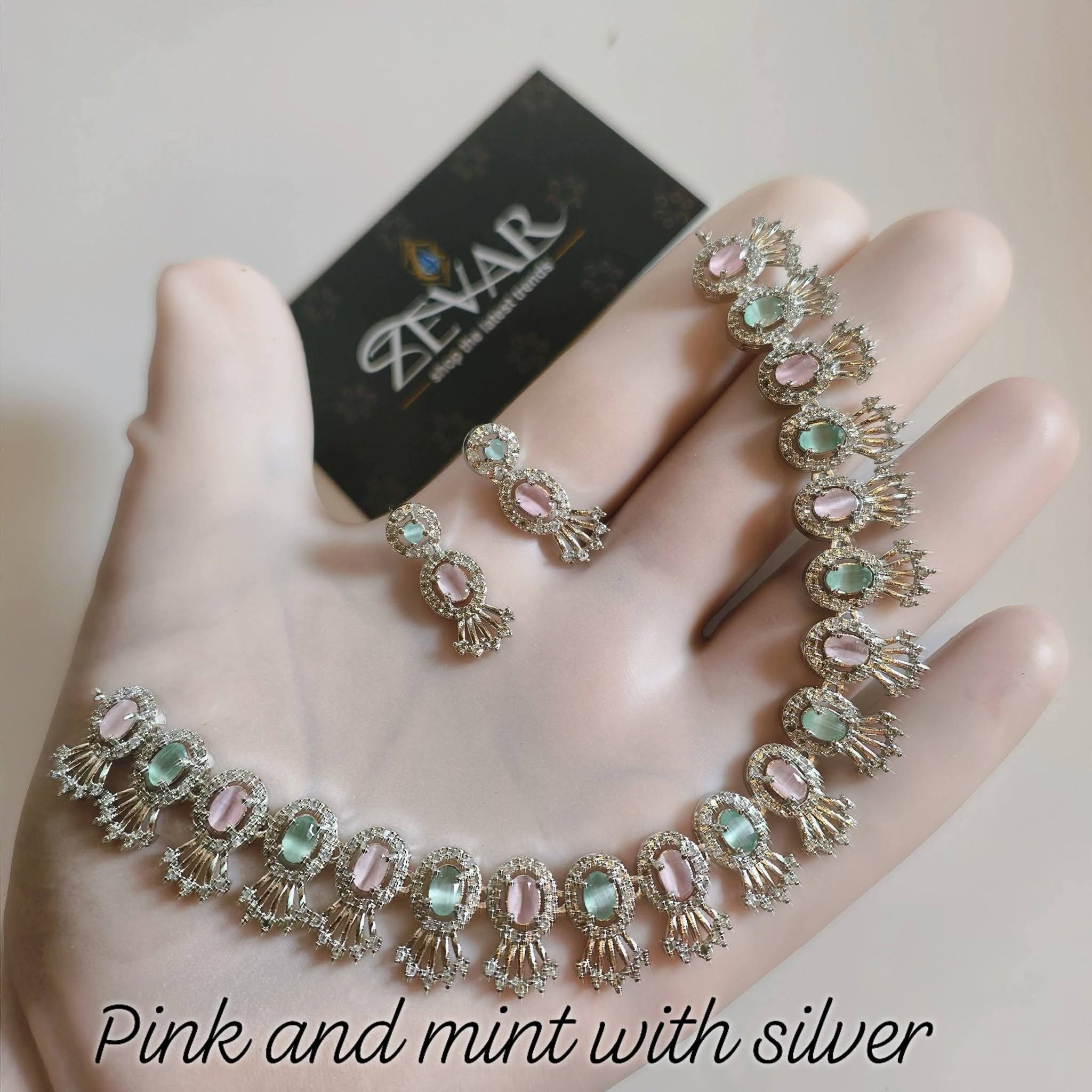 Elegant AD Zircon Silver Necklace Set – Luxury Sparkling Necklace with Matching Earrings for Party & Wedding Wear