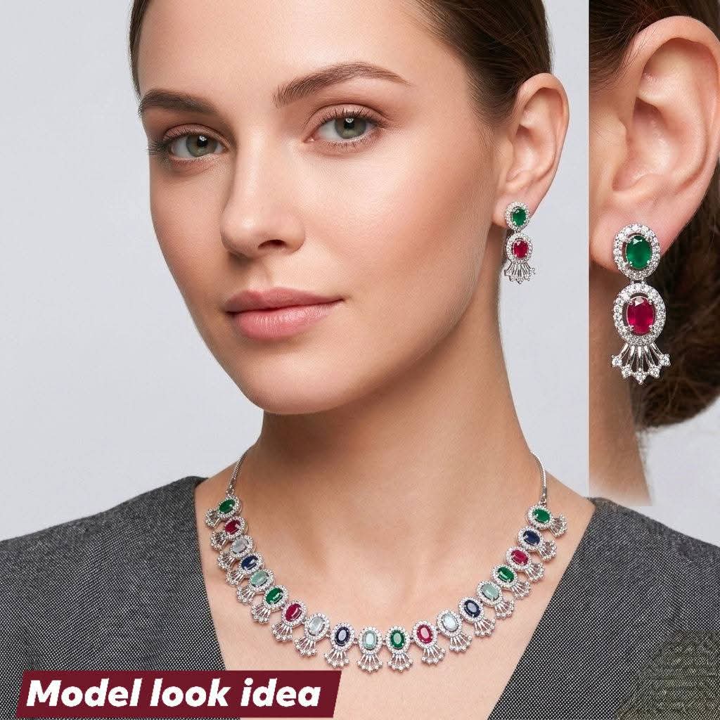 Elegant AD Zircon Silver Necklace Set – Luxury Sparkling Necklace with Matching Earrings for Party & Wedding Wear