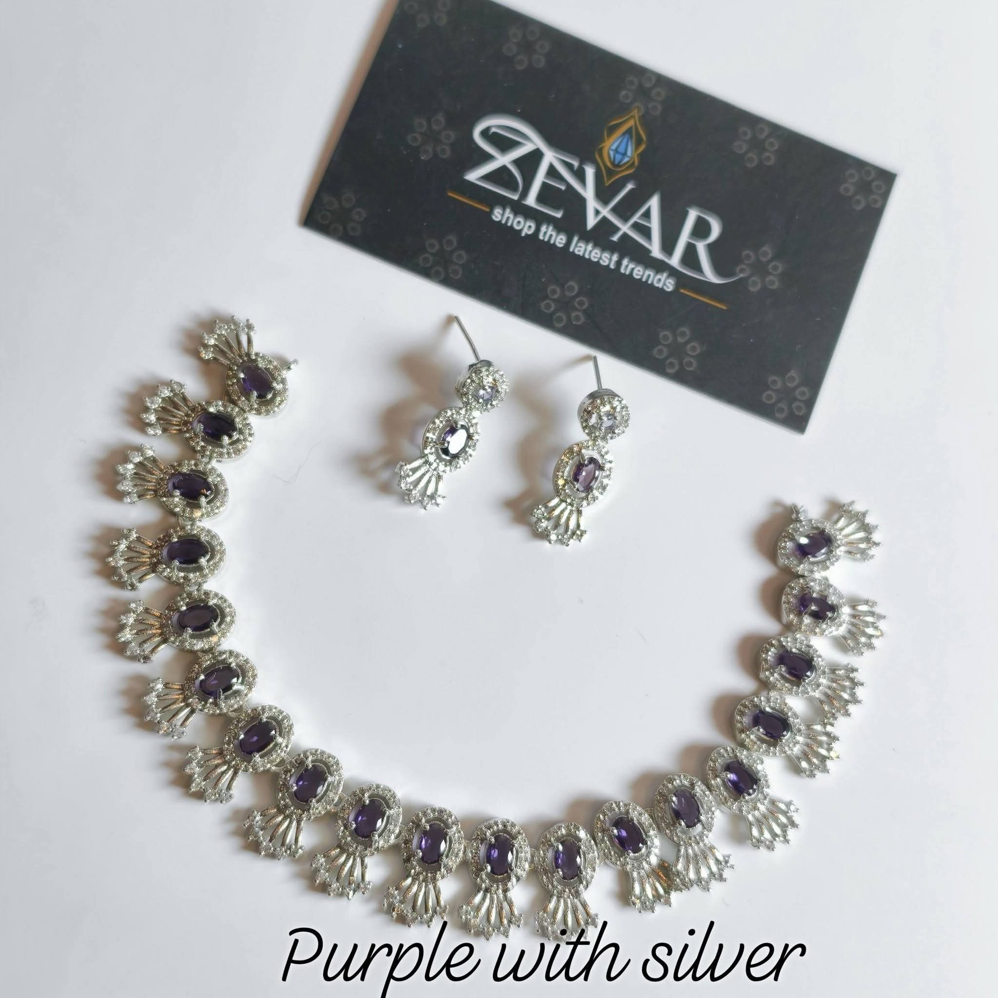 Elegant AD Zircon Silver Necklace Set – Luxury Sparkling Necklace with Matching Earrings for Party & Wedding Wear