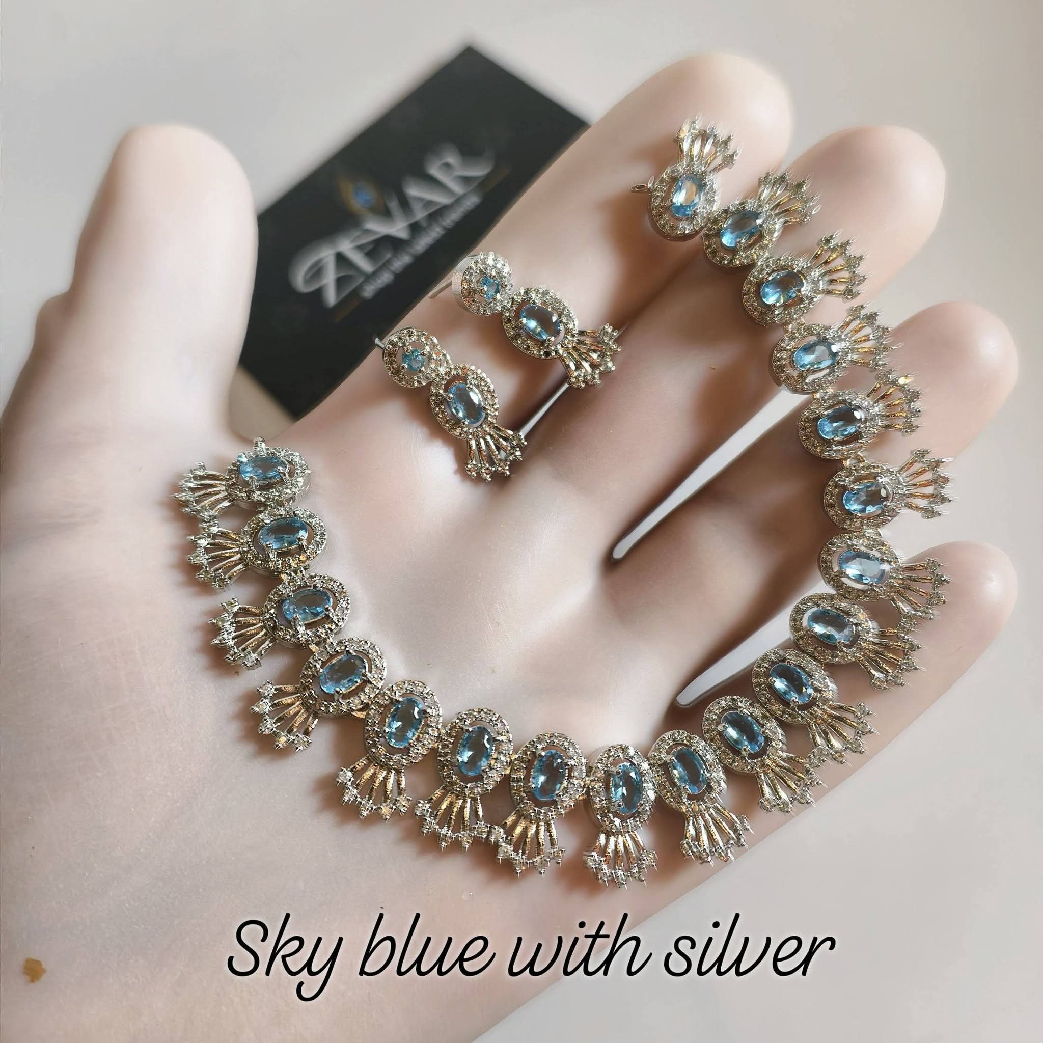 Elegant AD Zircon Silver Necklace Set – Luxury Sparkling Necklace with Matching Earrings for Party & Wedding Wear