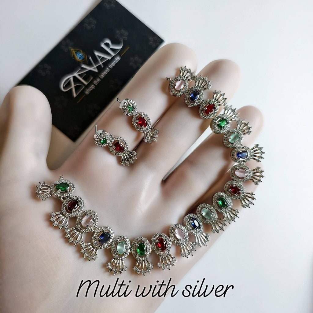 Elegant AD Zircon Silver Necklace Set – Luxury Sparkling Necklace with Matching Earrings for Party & Wedding Wear