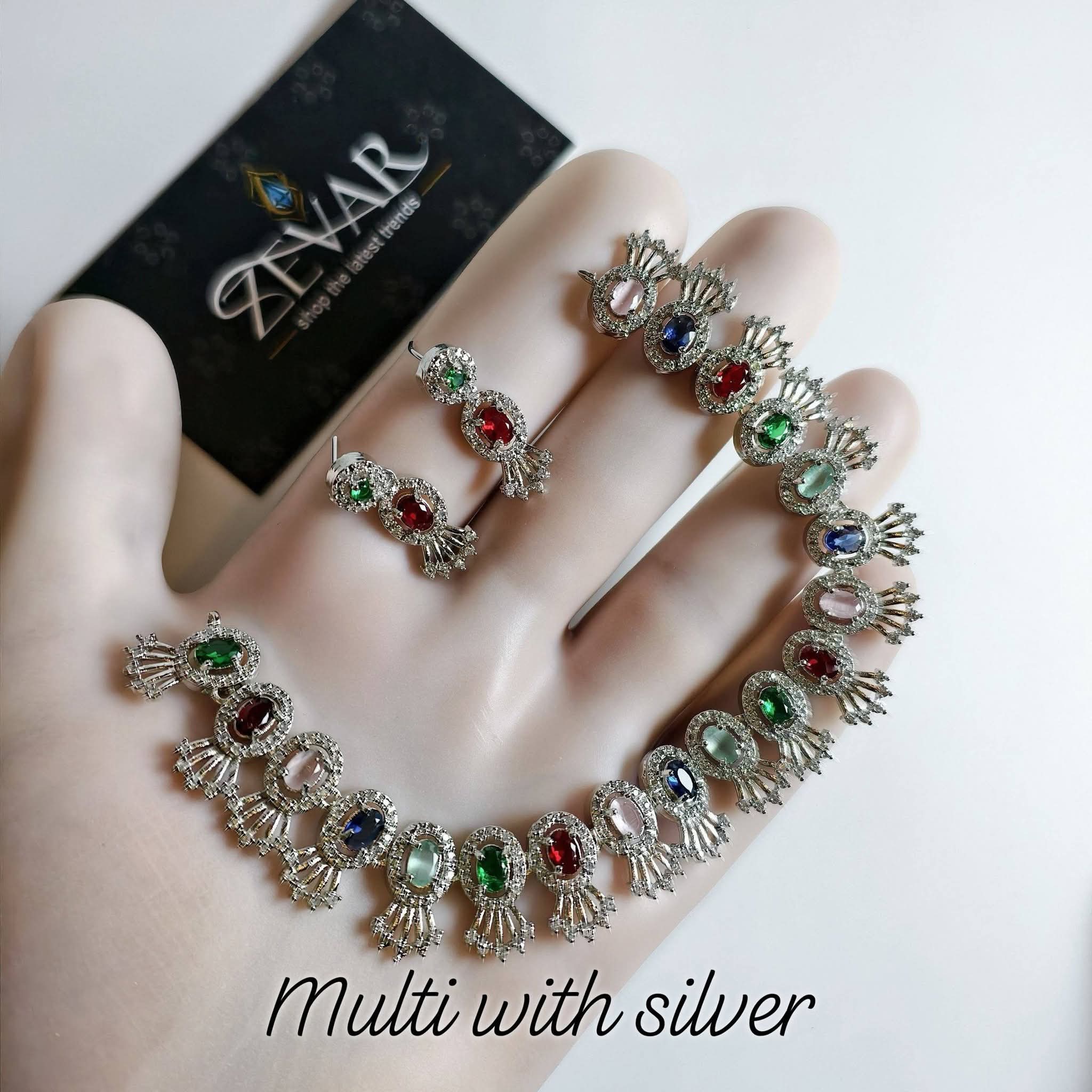 Elegant AD Zircon Silver Necklace Set – Luxury Sparkling Necklace with Matching Earrings for Party & Wedding Wear