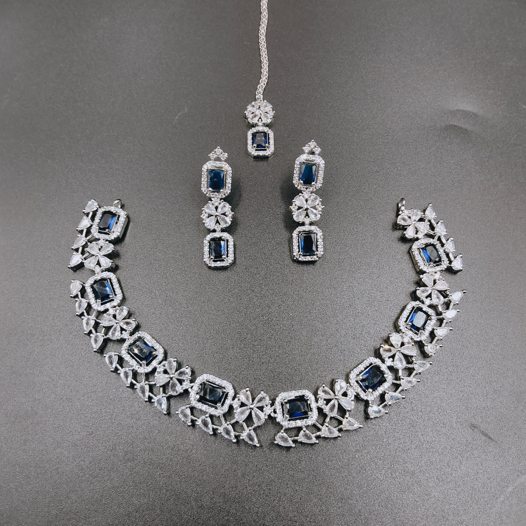 Luxury AD Zircon Designer Jewelry Set with Necklace, Earrings & Mangtika – Bridal Wedding & Party Wear