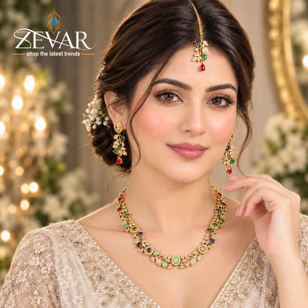 Sleek Leaf Pattern Party Wear Jewellery Set with Earrings & Maang Tikka | Zevar