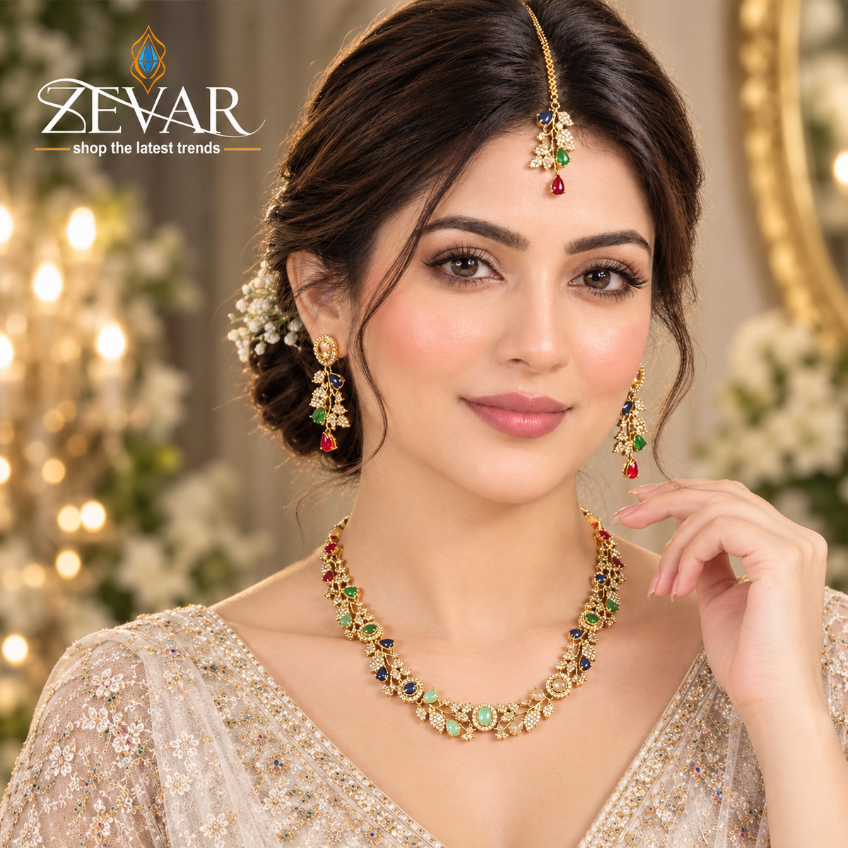 Sleek Leaf Pattern Party Wear Jewellery Set with Earrings & Maang Tikka | Zevar